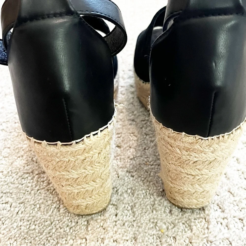 Steve Madden Josey Black Wedges Women Size 9.5 Espadrille Sandals Ankle Strap